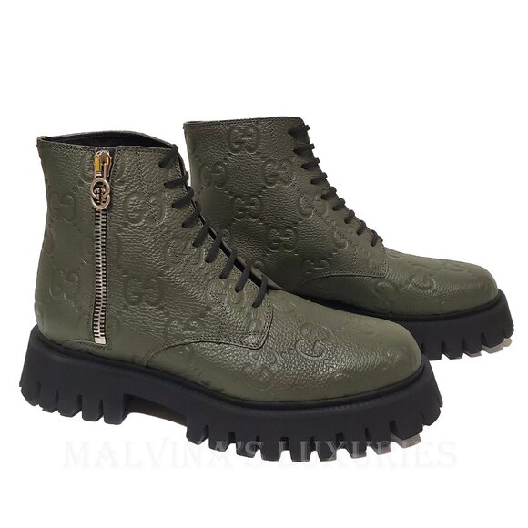 GUCCI BOOTS MENS ANKLE GREEN GG LOGO LEATHER ZIPPER LACE-UP sz 10 10.5 - Picture 7 of 16